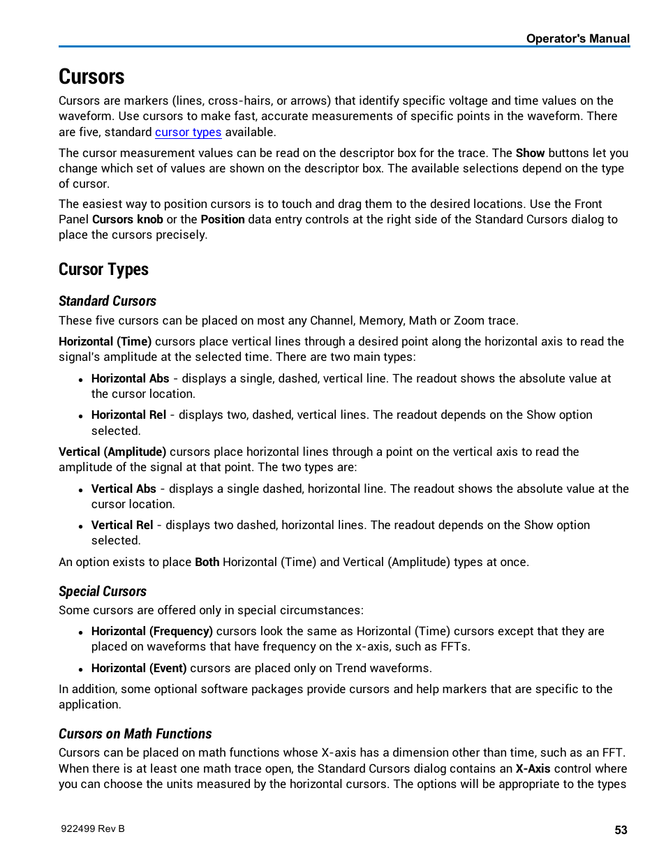 Cursors, Cursor types, Standard cursors | Special cursors, Cursors on math functions | Teledyne LeCroy HDO6000 Operators Manual User Manual | Page 61 / 142