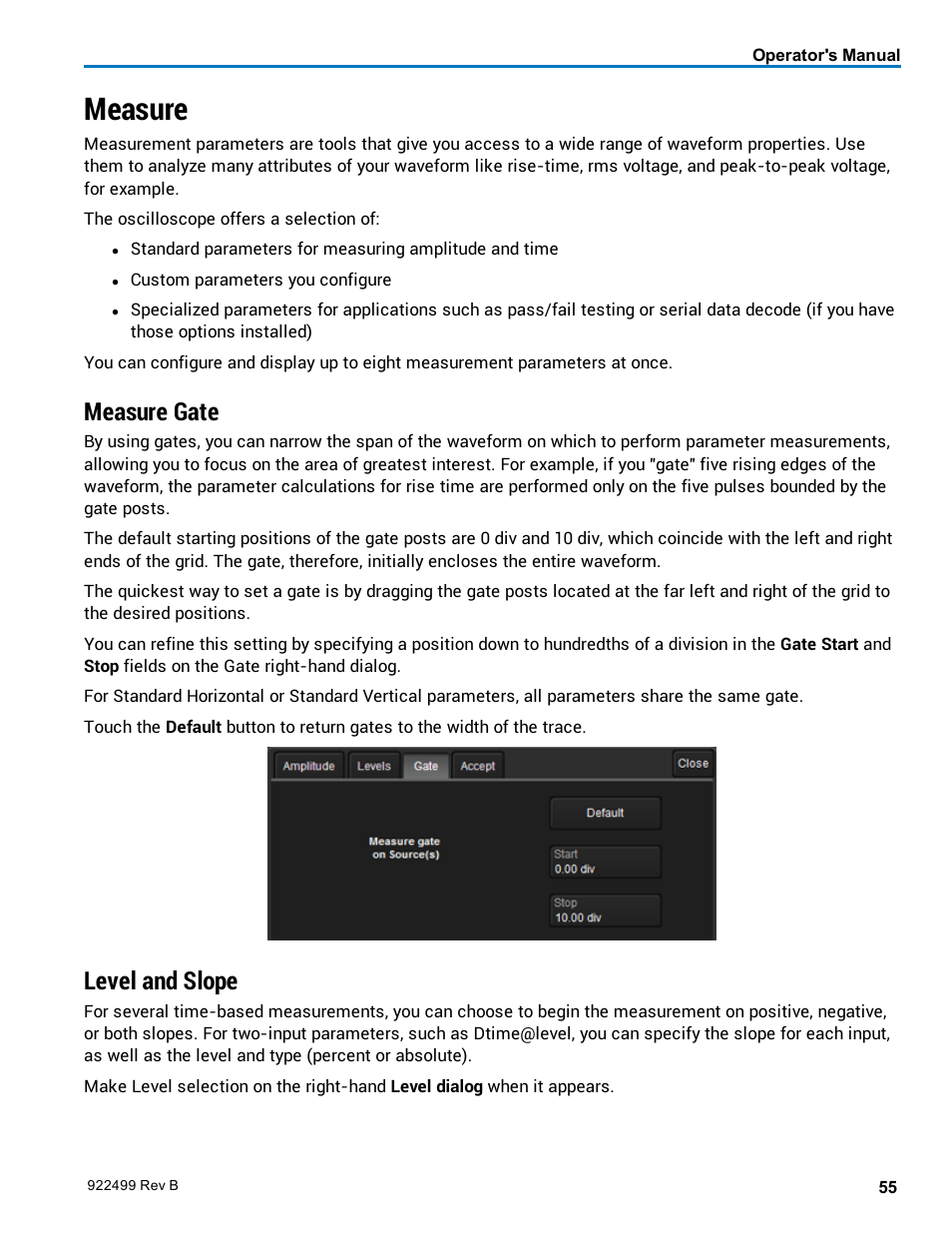 Measure, Measure gate, Level and slope | Teledyne LeCroy HDO6000 Operators Manual User Manual | Page 63 / 142