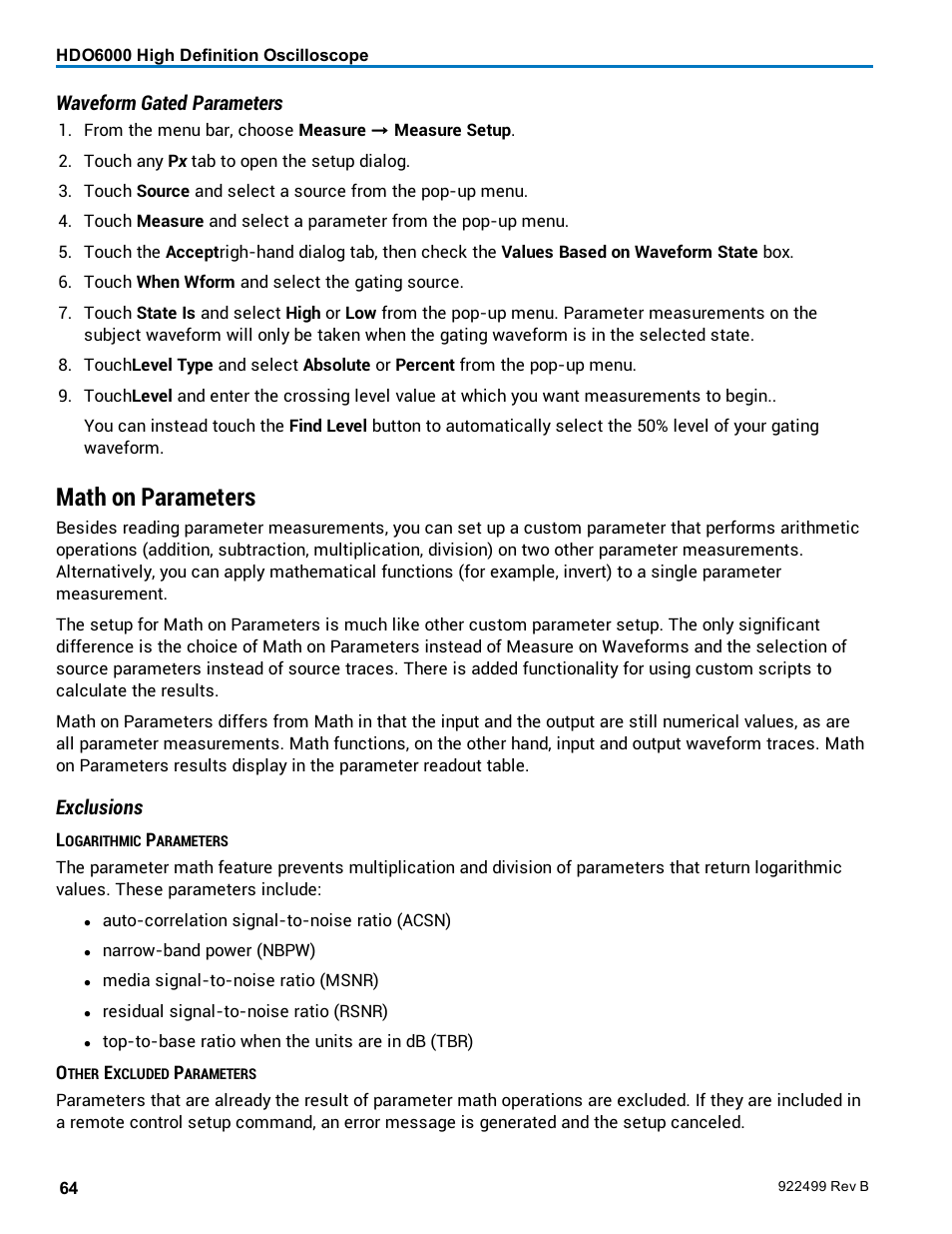 Math on parameters, Waveform gated parameters, Exclusions | Teledyne LeCroy HDO6000 Operators Manual User Manual | Page 72 / 142