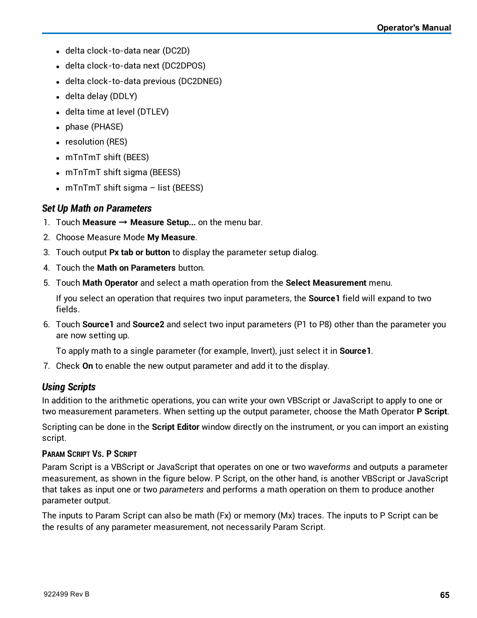 Set up math on parameters, Using scripts | Teledyne LeCroy HDO6000 Operators Manual User Manual | Page 73 / 142