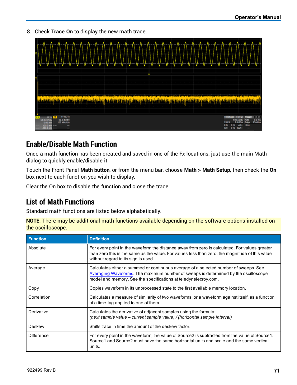 Enable/disable math function, List of math functions | Teledyne LeCroy HDO6000 Operators Manual User Manual | Page 79 / 142