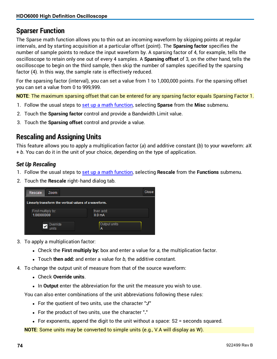 Sparser function, Rescaling and assigning units, Set up rescaling | Teledyne LeCroy HDO6000 Operators Manual User Manual | Page 82 / 142