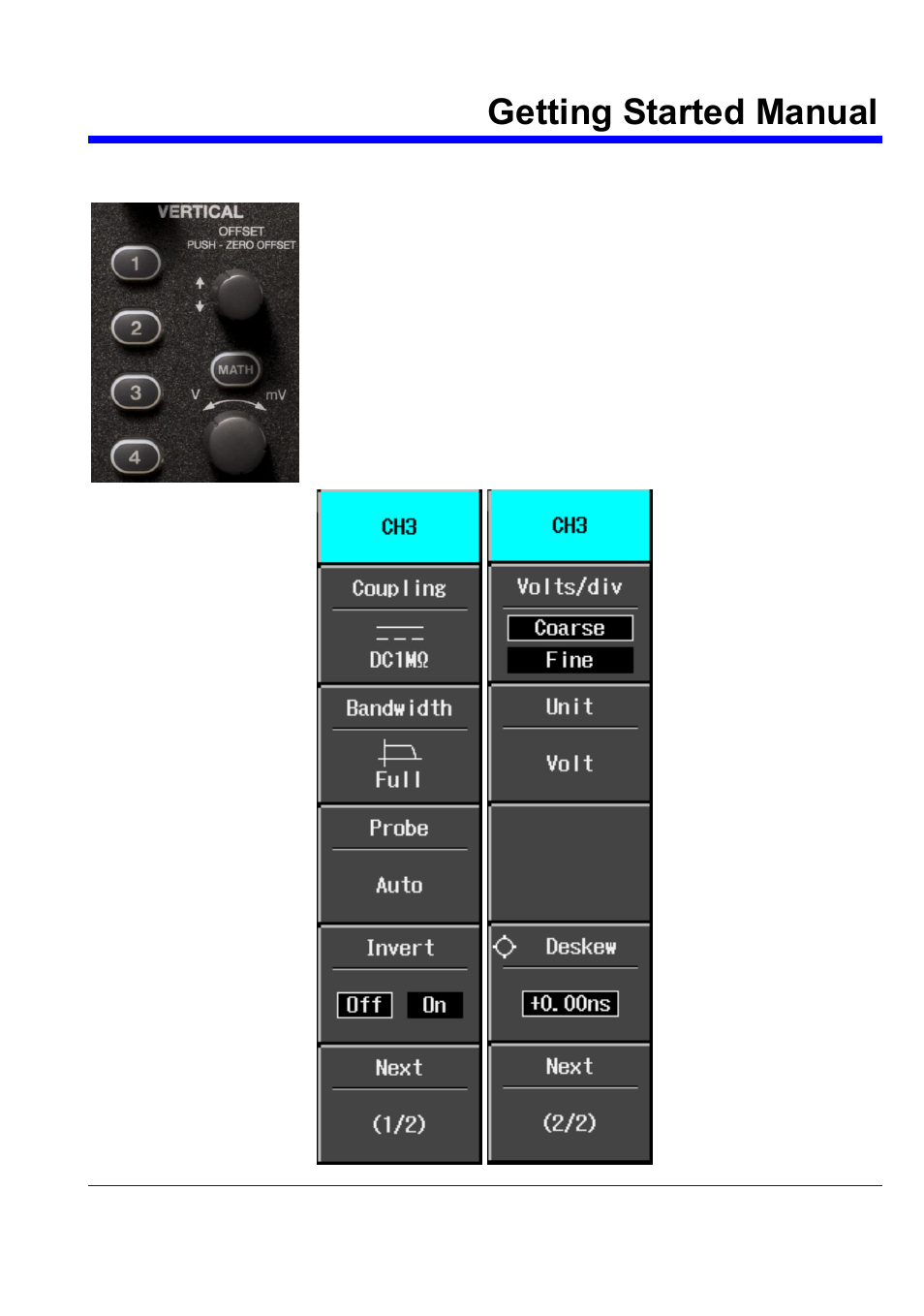 Vertical settings and channel controls, Choosing coupling, Bandwidth limiting | Probe attenuation, Getting started manual, Turning on traces | Teledyne LeCroy WaveJet 300A Series Getting Started Guide User Manual | Page 38 / 67