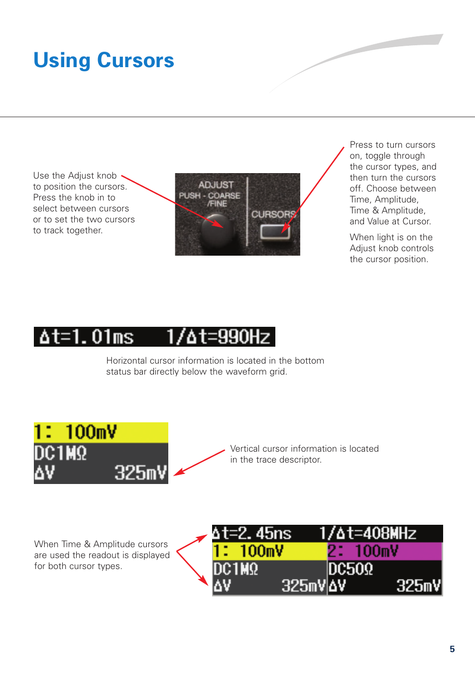 Using cursors | Teledyne LeCroy WaveJet 300A Series Quick Reference Guide User Manual | Page 5 / 12