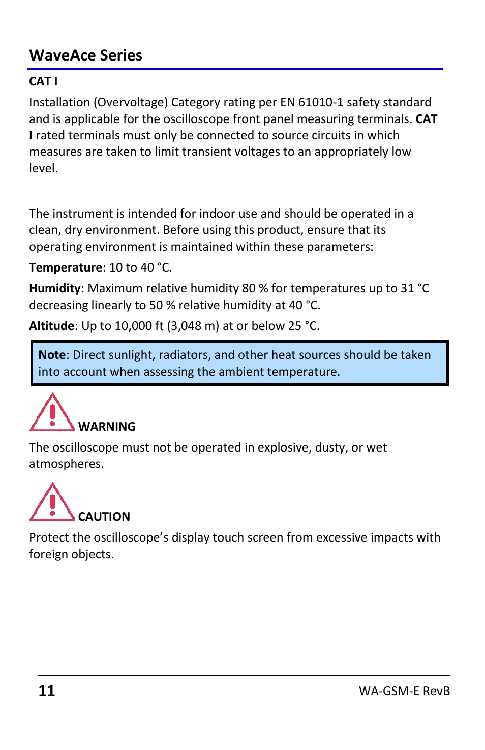 Operating environment, Waveace series | Teledyne LeCroy WaveAce User Manual | Page 11 / 106