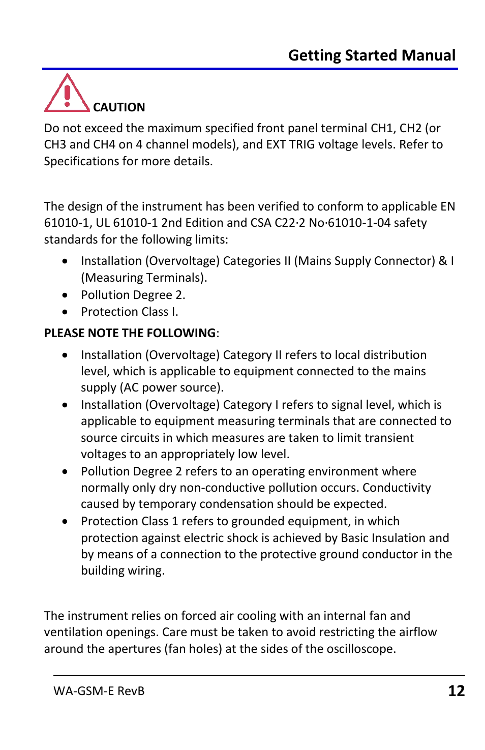 Safety certification, Cooling, Getting started manual | Teledyne LeCroy WaveAce User Manual | Page 12 / 106