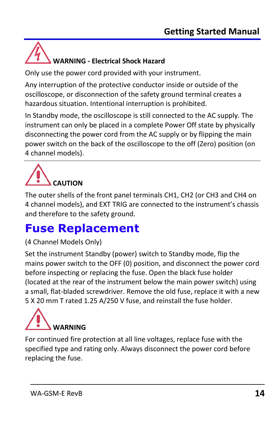 Fuse replacement, Getting started manual | Teledyne LeCroy WaveAce User Manual | Page 14 / 106