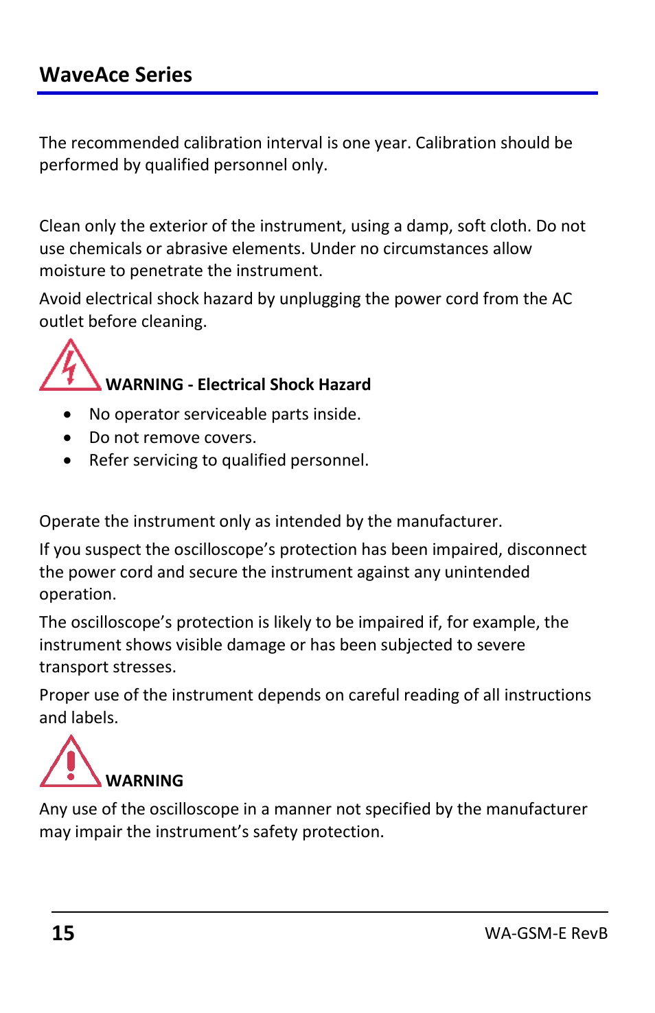 Calibration, Cleaning, Abnormal conditions | Waveace series | Teledyne LeCroy WaveAce User Manual | Page 15 / 106