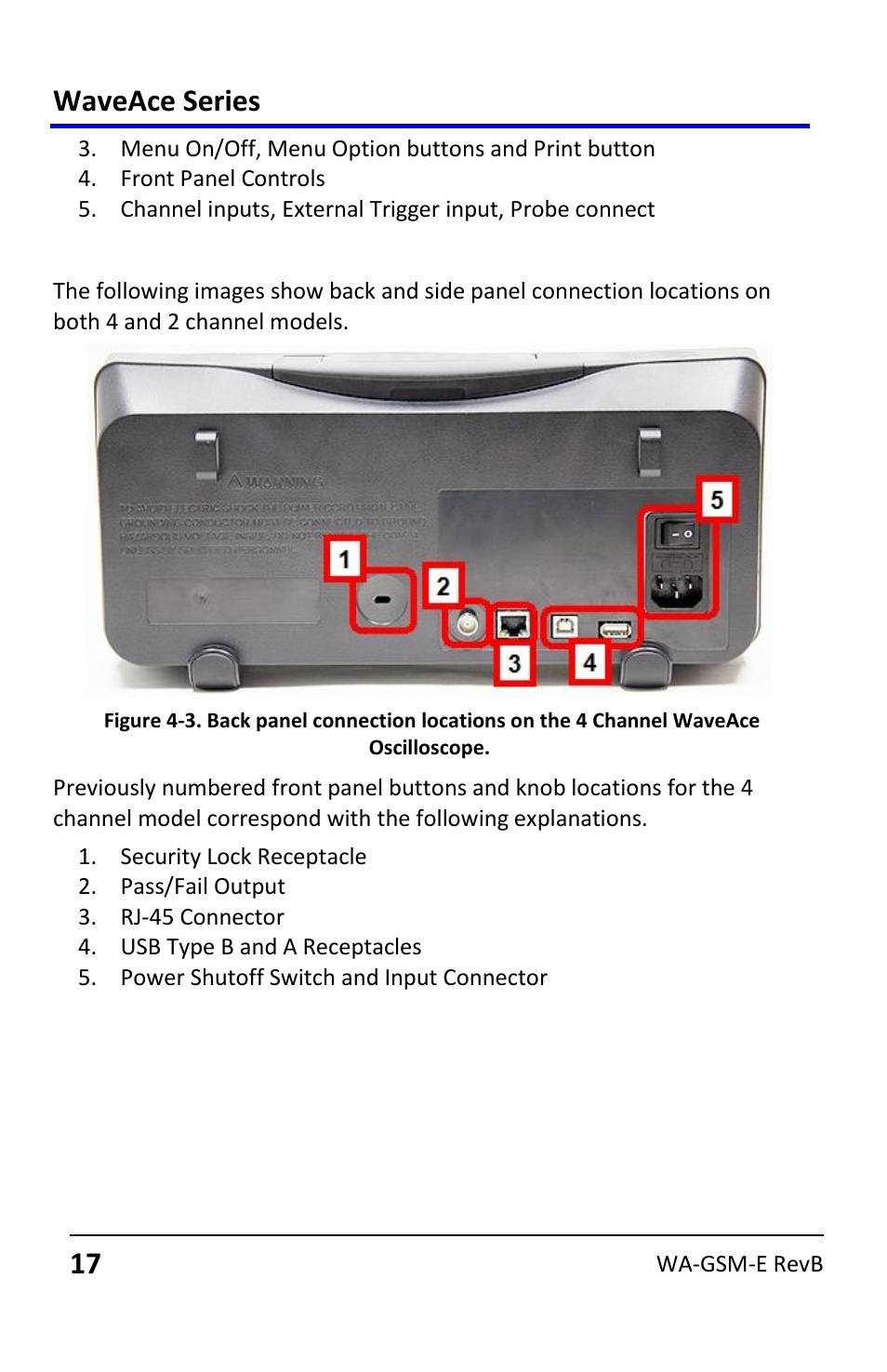 Back and side connections, Waveace series | Teledyne LeCroy WaveAce User Manual | Page 17 / 106