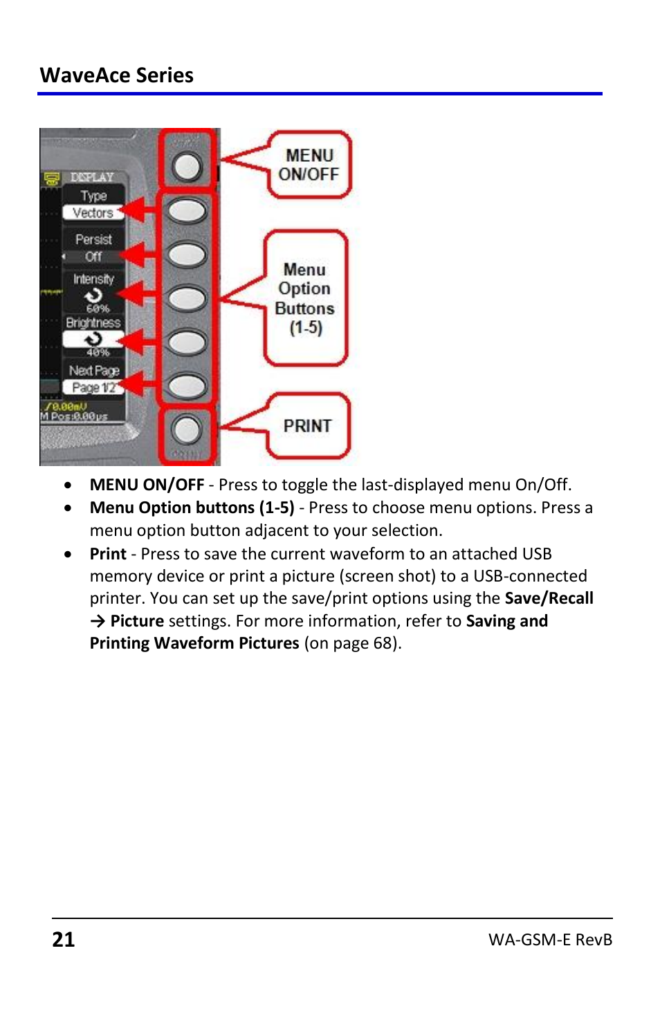 Menu control buttons, Waveace series | Teledyne LeCroy WaveAce User Manual | Page 21 / 106