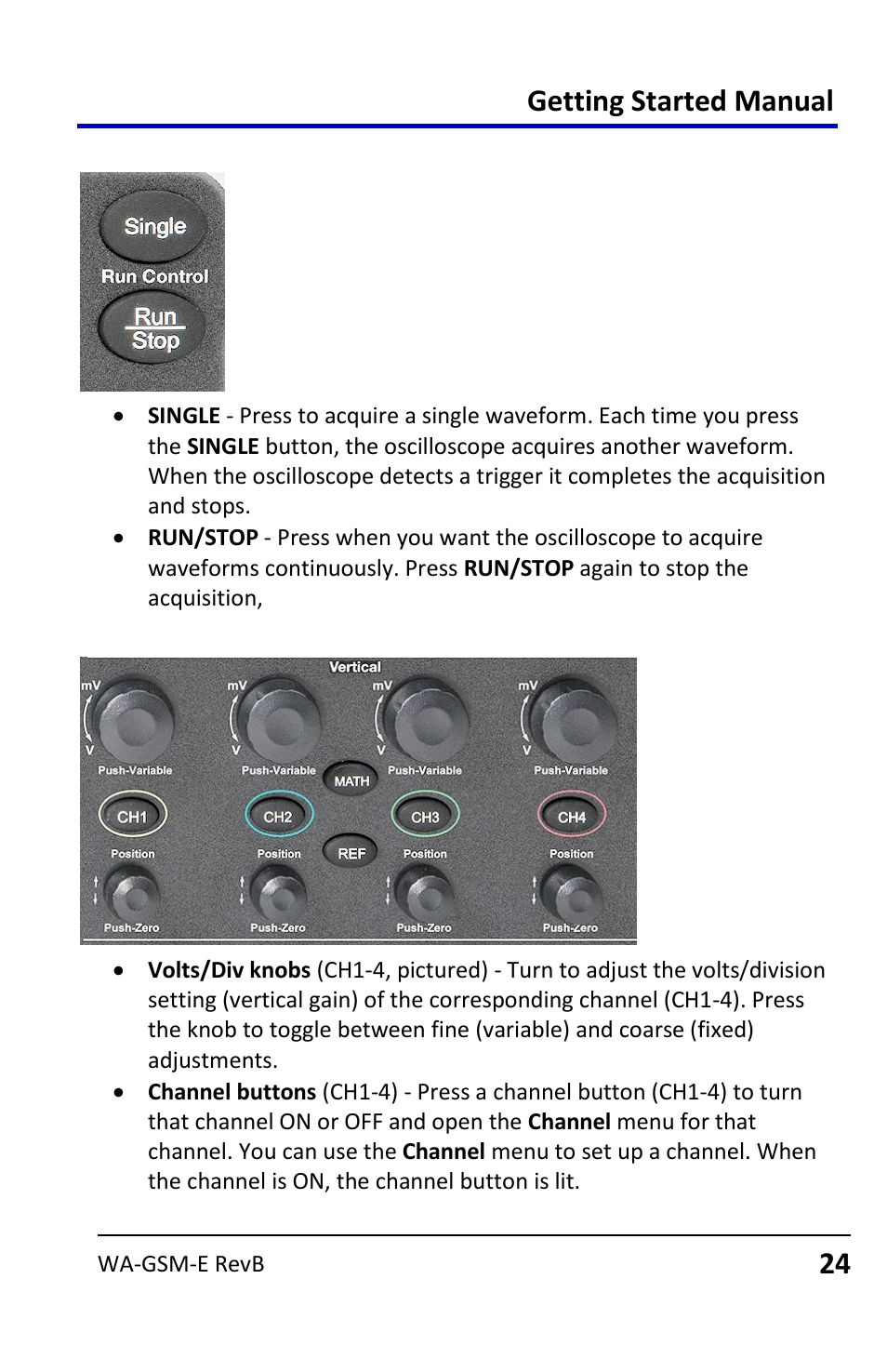 Run control buttons, Vertical controls, Getting started manual | Teledyne LeCroy WaveAce User Manual | Page 24 / 106