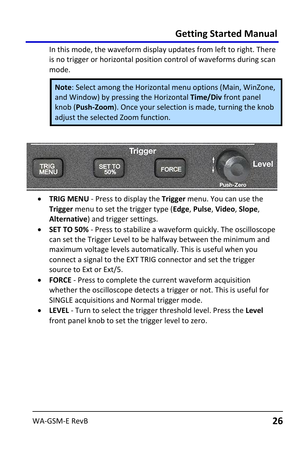 Trigger controls, Getting started manual | Teledyne LeCroy WaveAce User Manual | Page 26 / 106