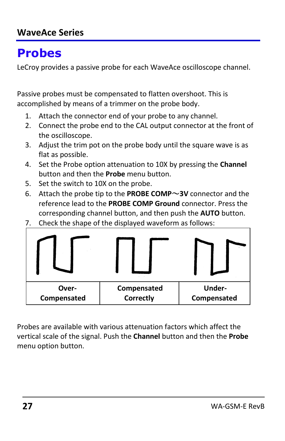 Probes, Probe compensation, Setting probe attenuation | Waveace series | Teledyne LeCroy WaveAce User Manual | Page 27 / 106