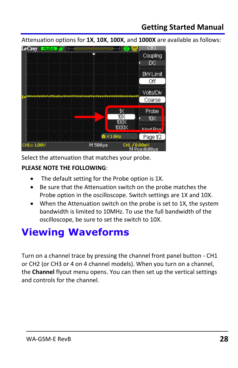 Viewing waveforms, Turning on traces, Getting started manual | Teledyne LeCroy WaveAce User Manual | Page 28 / 106