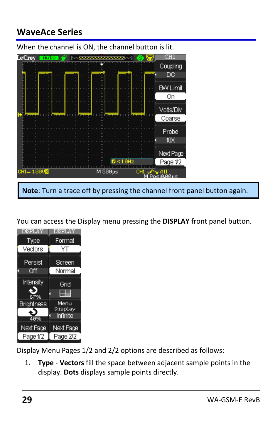 Setting up the display, Waveace series | Teledyne LeCroy WaveAce User Manual | Page 29 / 106