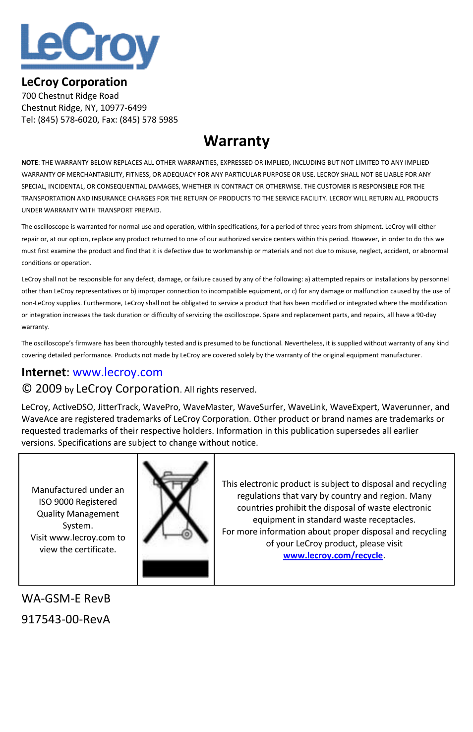 Warranty, Lecroy corporation | Teledyne LeCroy WaveAce User Manual | Page 3 / 106