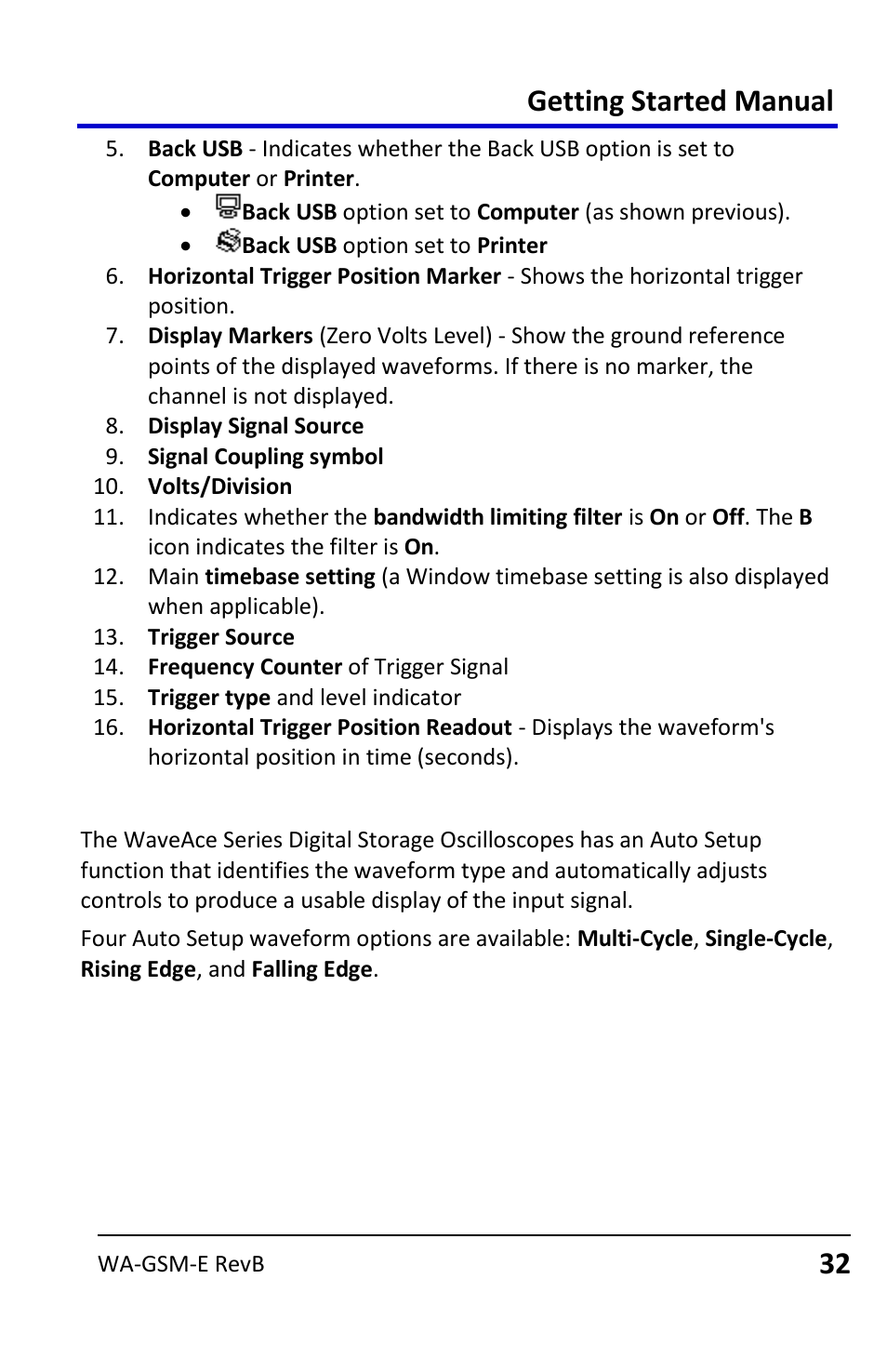 Auto setup, Getting started manual | Teledyne LeCroy WaveAce User Manual | Page 32 / 106