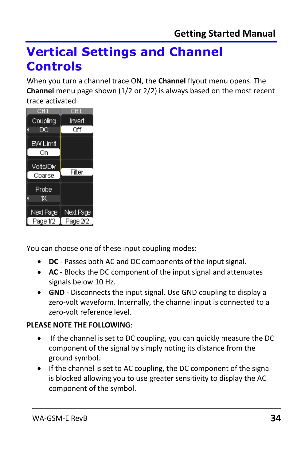 Vertical settings and channel controls, Choosing coupling, Getting started manual | Teledyne LeCroy WaveAce User Manual | Page 34 / 106