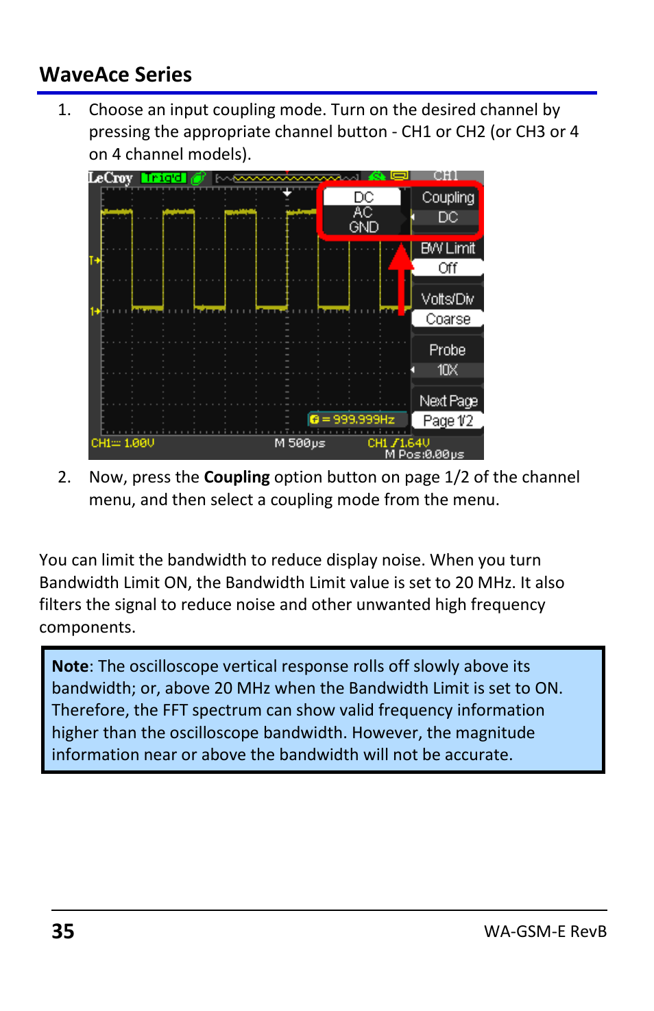 Limiting bandwidth, Waveace series | Teledyne LeCroy WaveAce User Manual | Page 35 / 106