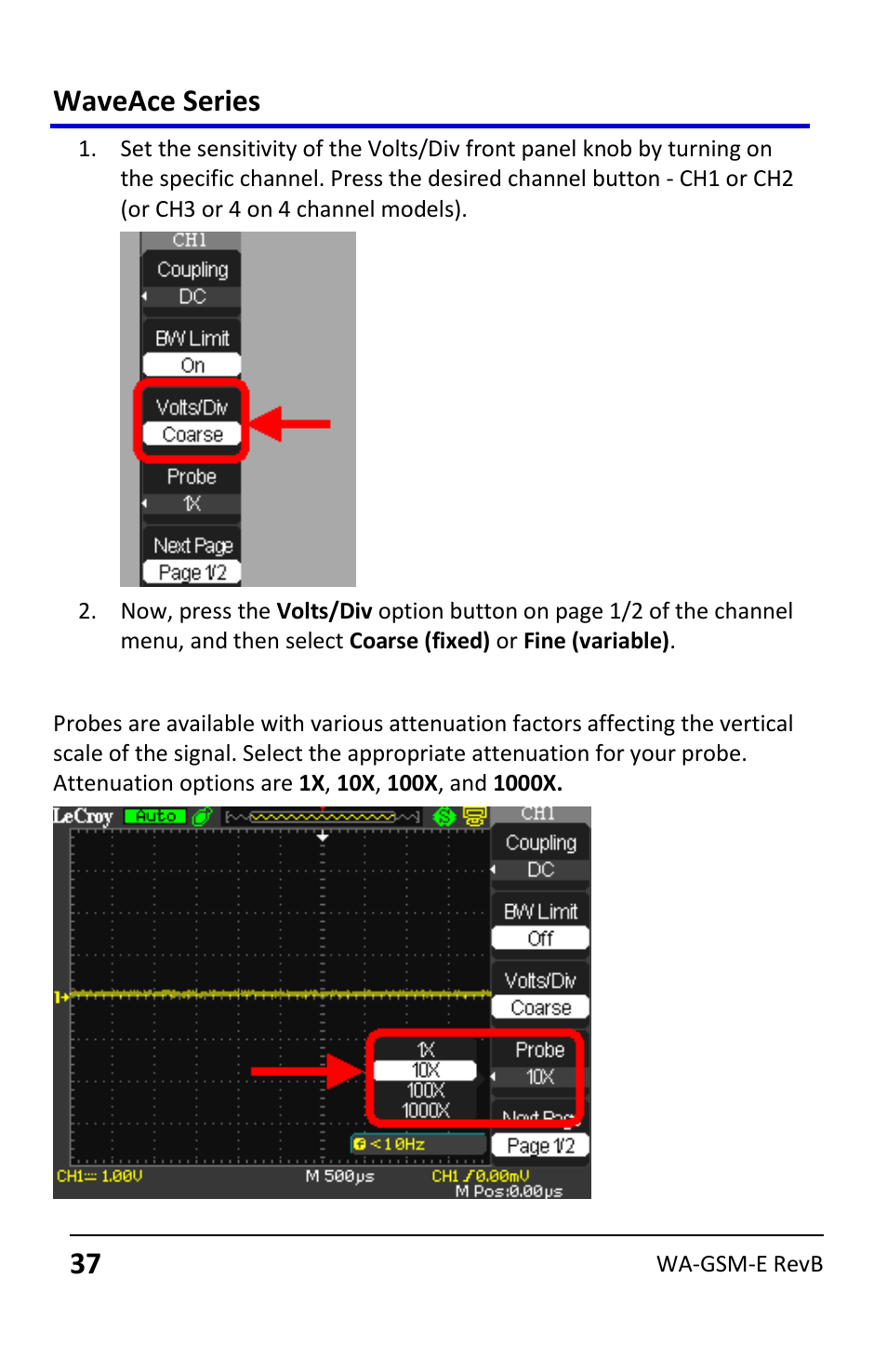 Setting probe attenuation, Waveace series | Teledyne LeCroy WaveAce User Manual | Page 37 / 106