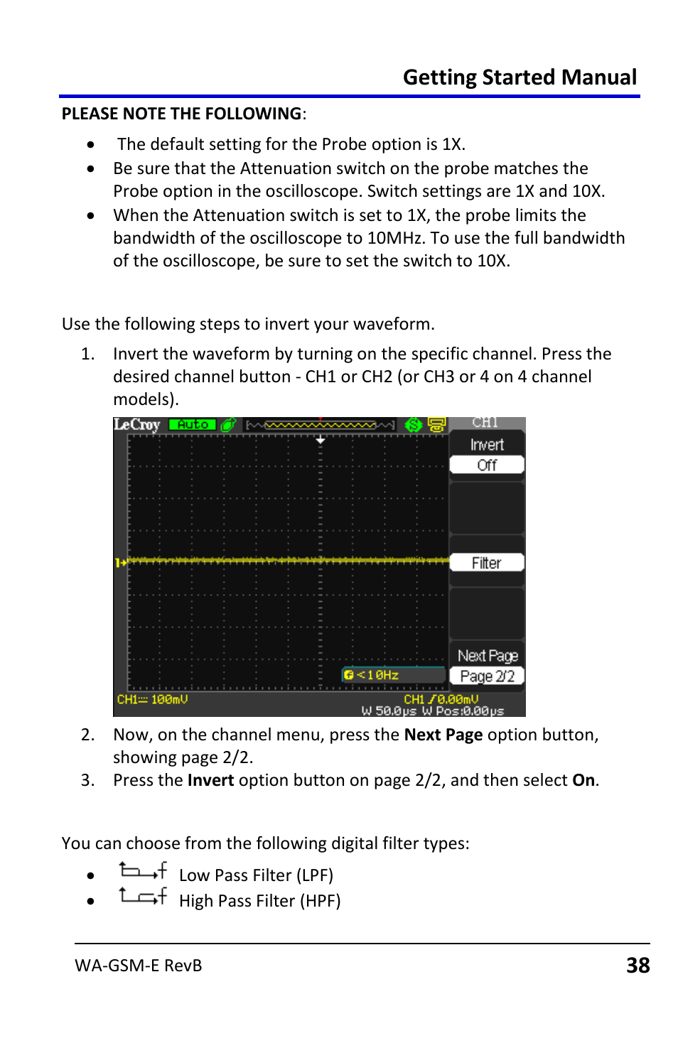 Inverting waveforms, Using the digital filter, Getting started manual | Teledyne LeCroy WaveAce User Manual | Page 38 / 106