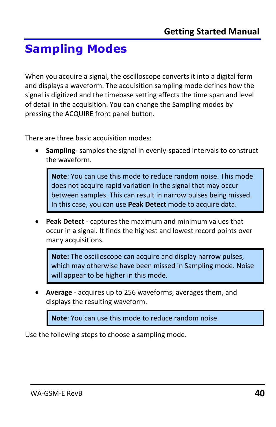 Sampling modes, Acquisition sampling modes, Acquisition modes | Getting started manual | Teledyne LeCroy WaveAce User Manual | Page 40 / 106