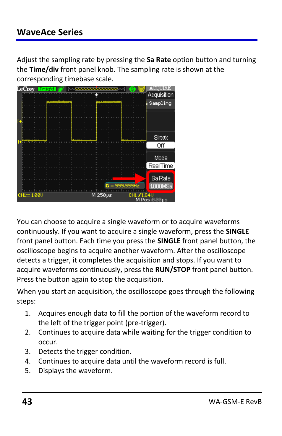 Sampling rate, Acquiring waveforms, Waveace series | Teledyne LeCroy WaveAce User Manual | Page 43 / 106