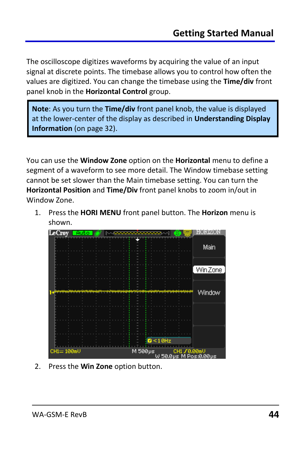 Changing the timebase, Zooming waveforms, Getting started manual | Teledyne LeCroy WaveAce User Manual | Page 44 / 106