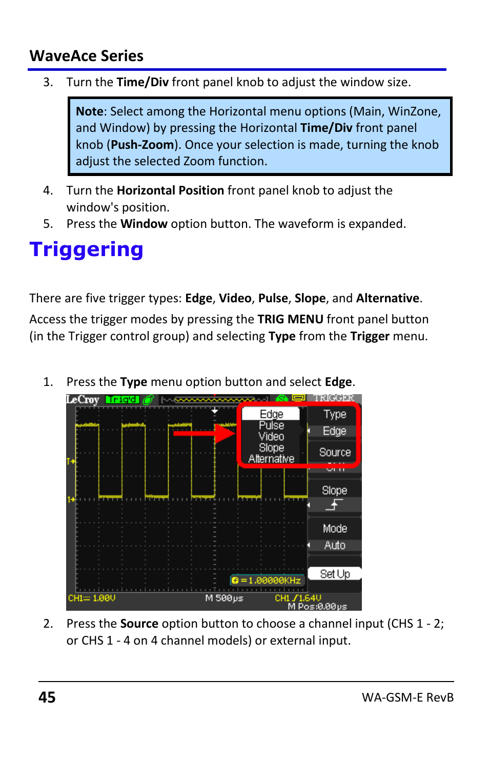 Triggering, Trigger types, Edge triggering | Waveace series | Teledyne LeCroy WaveAce User Manual | Page 45 / 106
