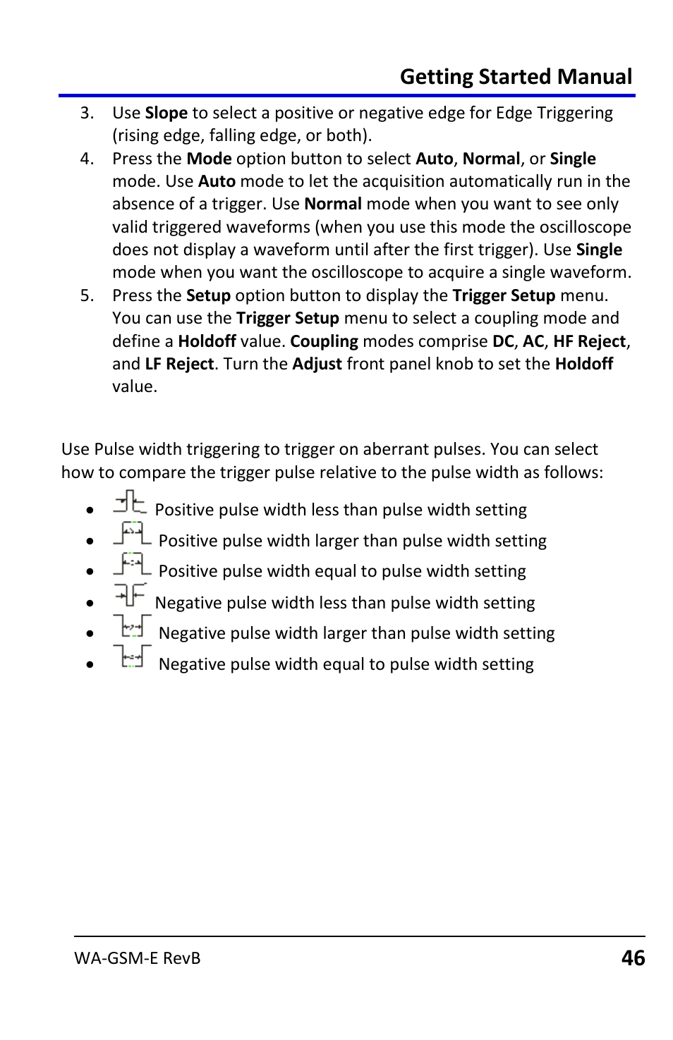 Pulse triggering, Getting started manual | Teledyne LeCroy WaveAce User Manual | Page 46 / 106