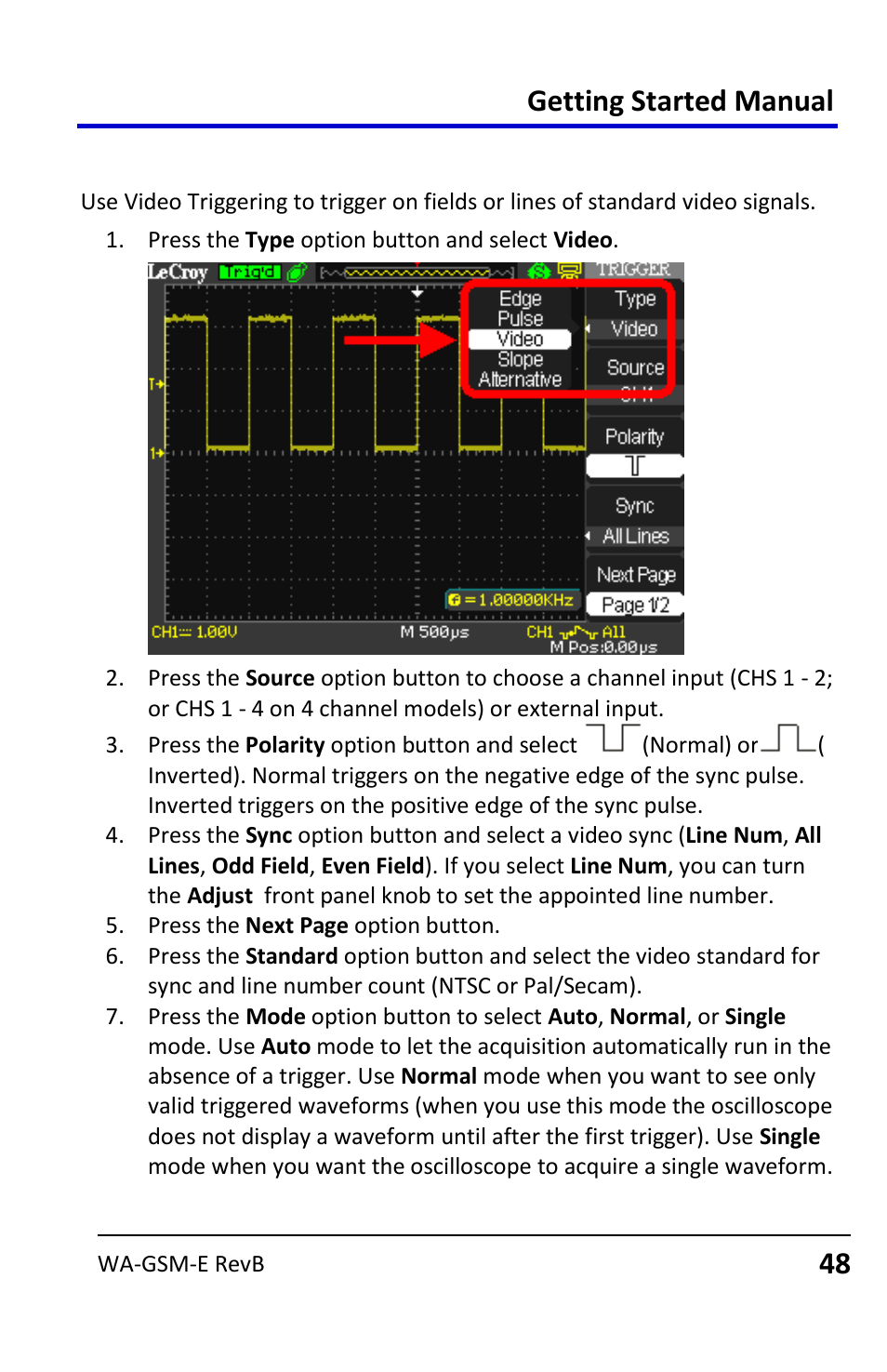 Video triggering, Getting started manual, 48 video triggering | Teledyne LeCroy WaveAce User Manual | Page 48 / 106