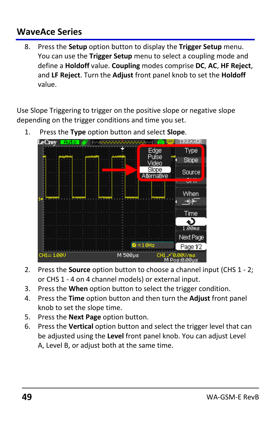 Slope triggering, Waveace series | Teledyne LeCroy WaveAce User Manual | Page 49 / 106