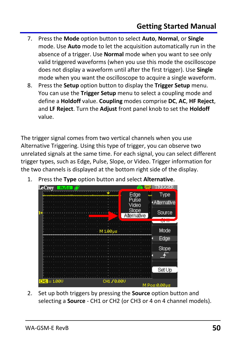 Alternative triggering, Getting started manual | Teledyne LeCroy WaveAce User Manual | Page 50 / 106
