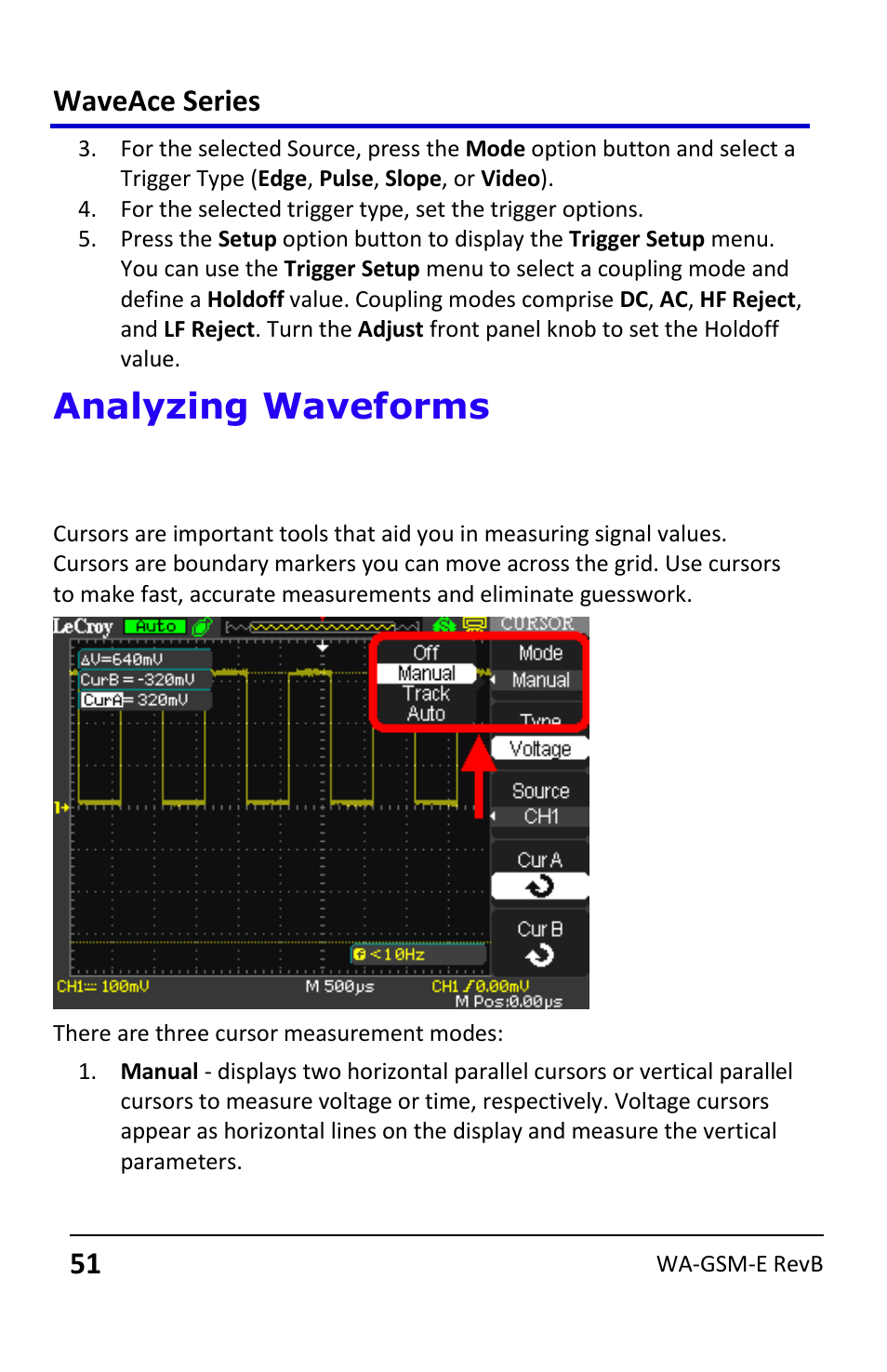 Analyzing waveforms, Waveform measurements, Measuring with cursors | Waveace series | Teledyne LeCroy WaveAce User Manual | Page 51 / 106