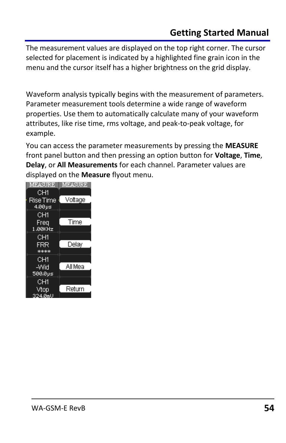 Parameter measurements, Getting started manual | Teledyne LeCroy WaveAce User Manual | Page 54 / 106