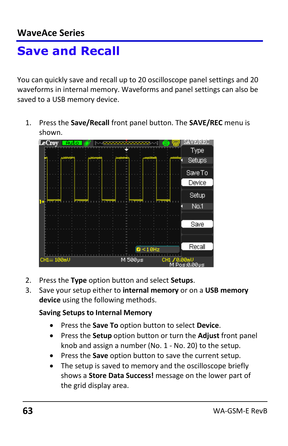 Save and recall, Saving and recalling oscilloscope setups, Saving the current settings | Waveace series | Teledyne LeCroy WaveAce User Manual | Page 63 / 106
