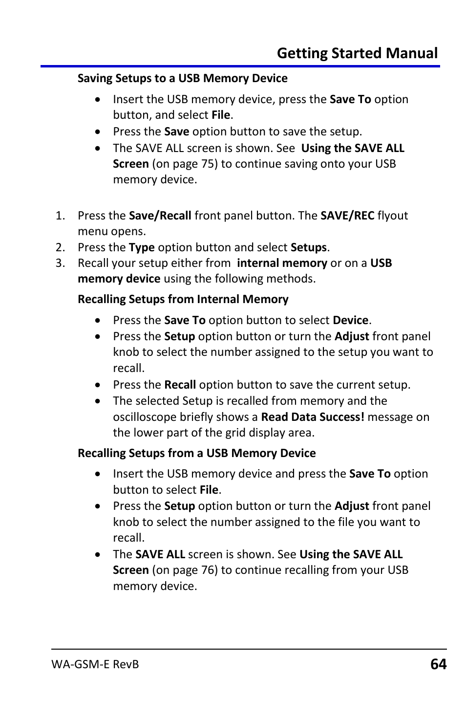 Recalling setups, Getting started manual | Teledyne LeCroy WaveAce User Manual | Page 64 / 106