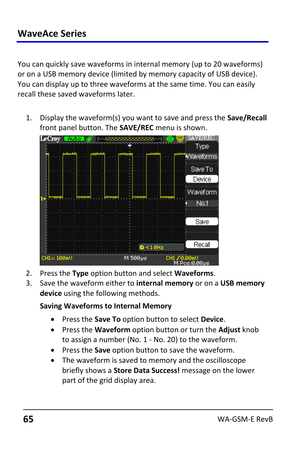 Saving and recalling waveforms, Saving waveforms, Waveace series | Teledyne LeCroy WaveAce User Manual | Page 65 / 106