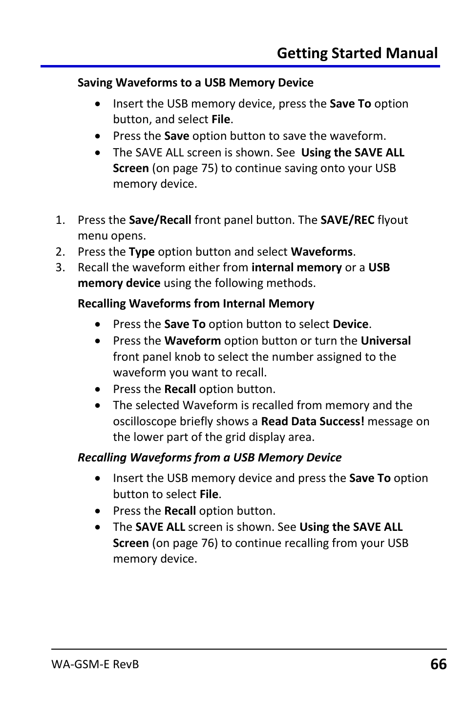 Recalling waveforms, Getting started manual | Teledyne LeCroy WaveAce User Manual | Page 66 / 106