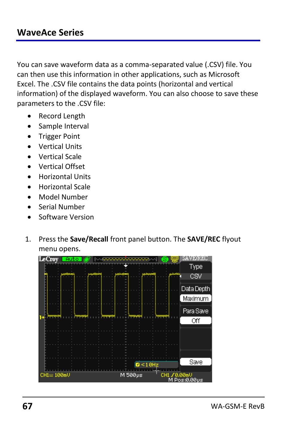 Saving data as a .csv file, Saving a .csv file, Waveace series | Teledyne LeCroy WaveAce User Manual | Page 67 / 106