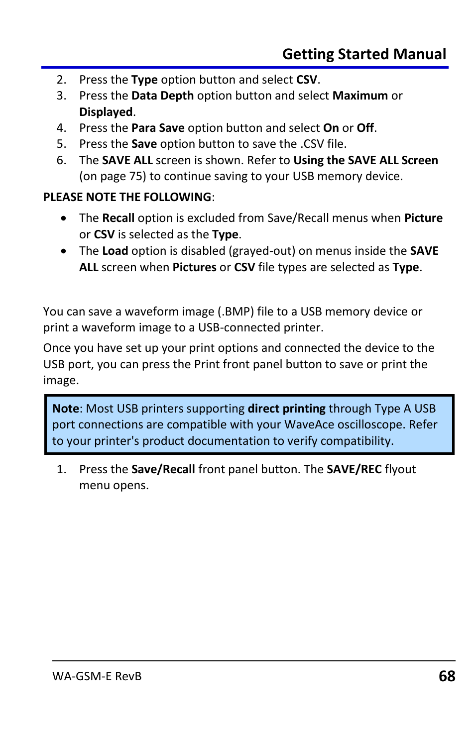 Saving and printing waveform pictures, Getting started manual | Teledyne LeCroy WaveAce User Manual | Page 68 / 106