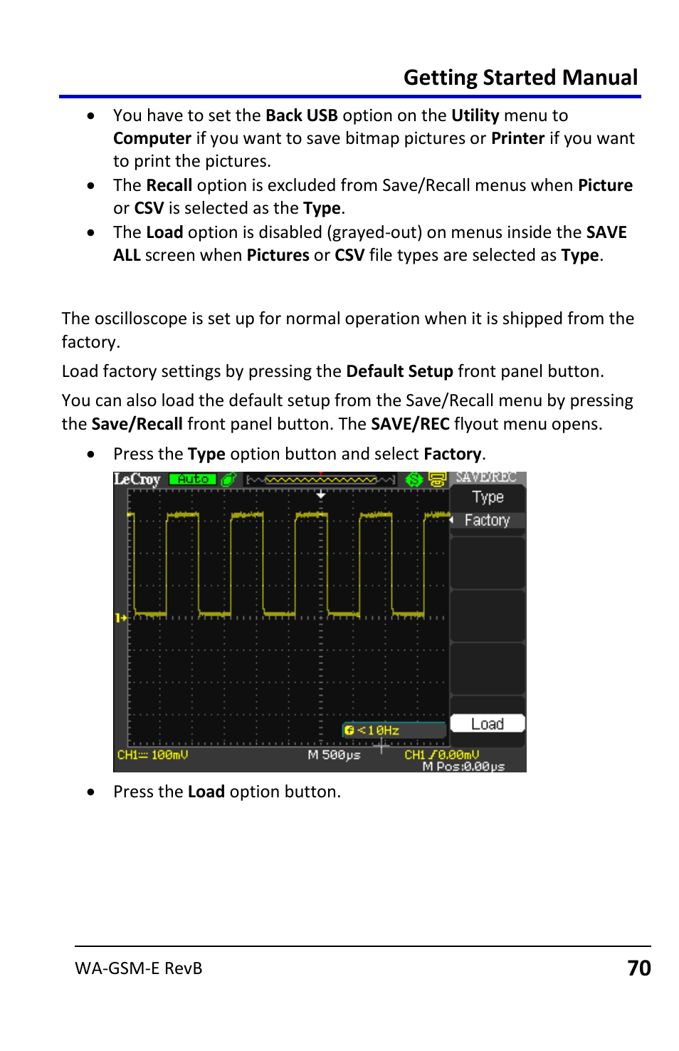 Recalling factory settings, Getting started manual | Teledyne LeCroy WaveAce User Manual | Page 70 / 106