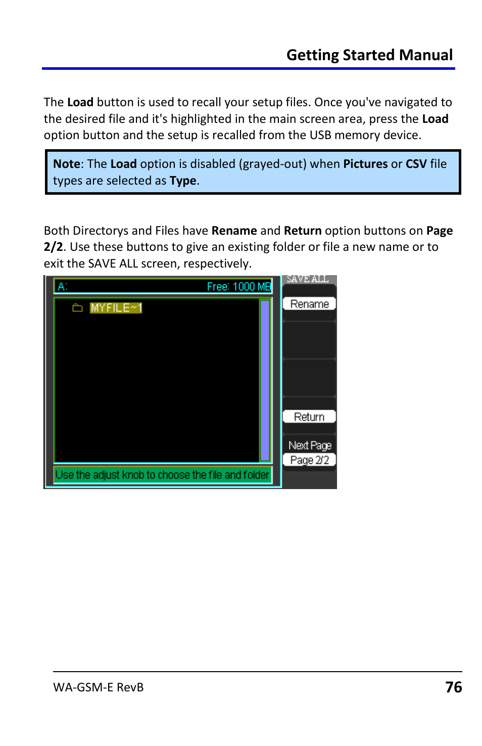 Recalling files, Getting started manual | Teledyne LeCroy WaveAce User Manual | Page 76 / 106