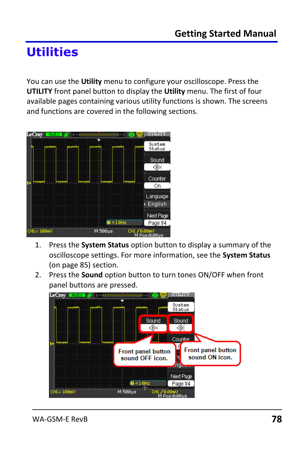 Utilities, Utility menu, Getting started manual | Teledyne LeCroy WaveAce User Manual | Page 78 / 106