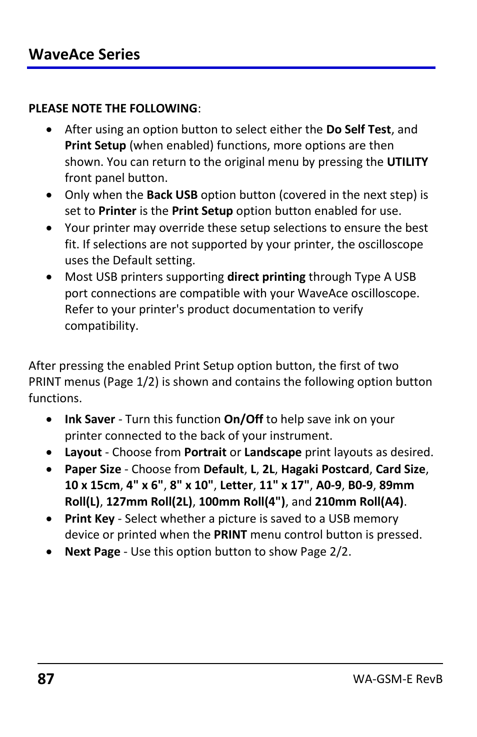 Print setup, Waveace series | Teledyne LeCroy WaveAce User Manual | Page 87 / 106