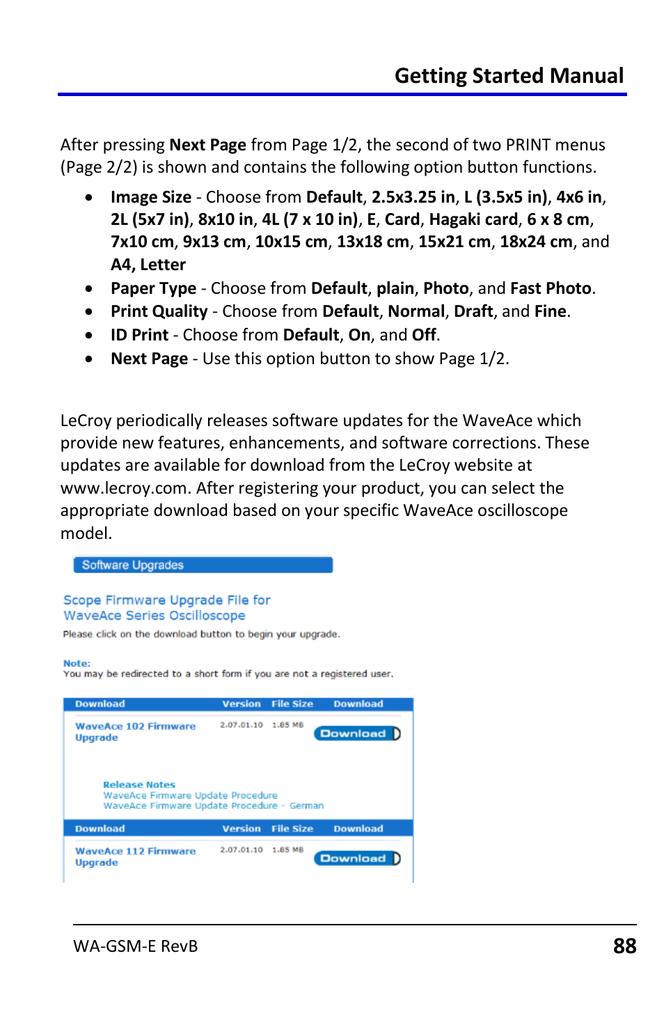 Updating the system software, Getting started manual | Teledyne LeCroy WaveAce User Manual | Page 88 / 106