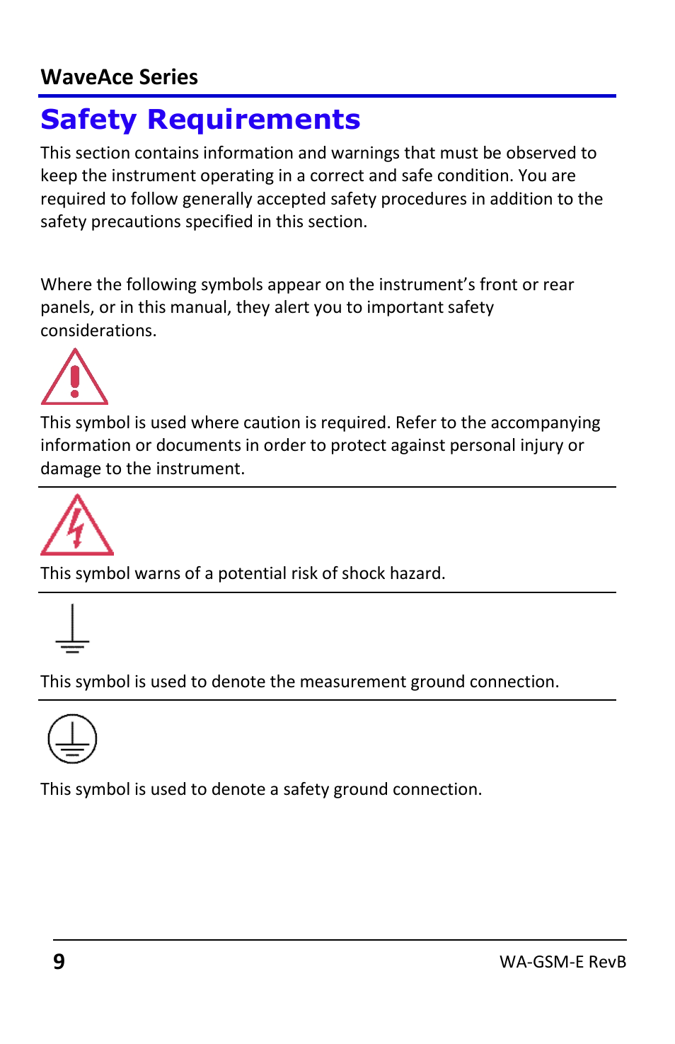 Safety requirements, Safety symbols, Waveace series | Teledyne LeCroy WaveAce User Manual | Page 9 / 106