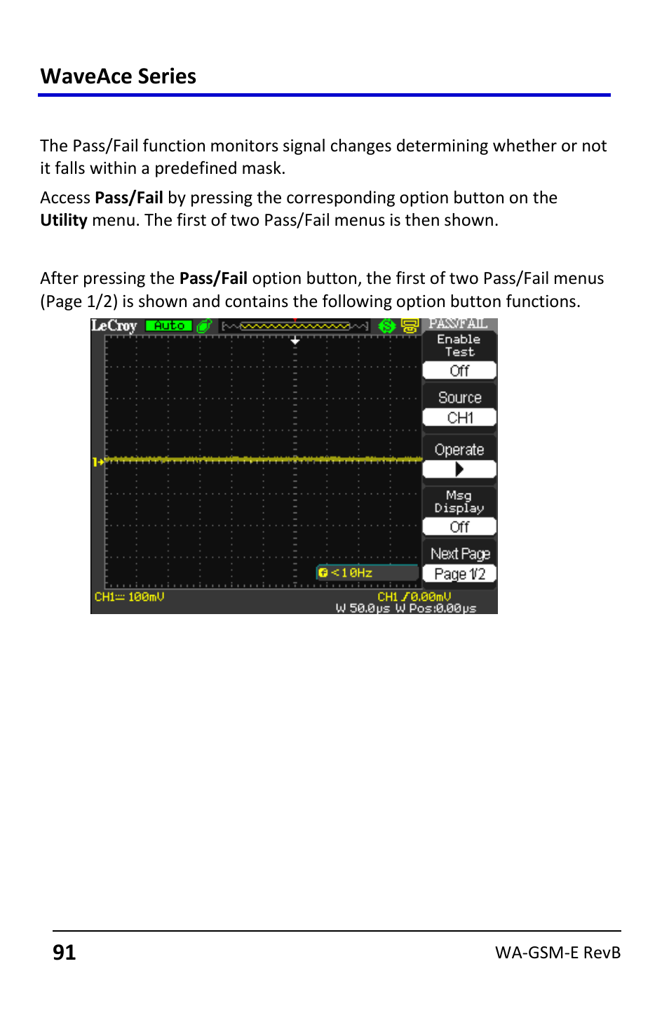 Using pass/fail, Waveace series | Teledyne LeCroy WaveAce User Manual | Page 91 / 106