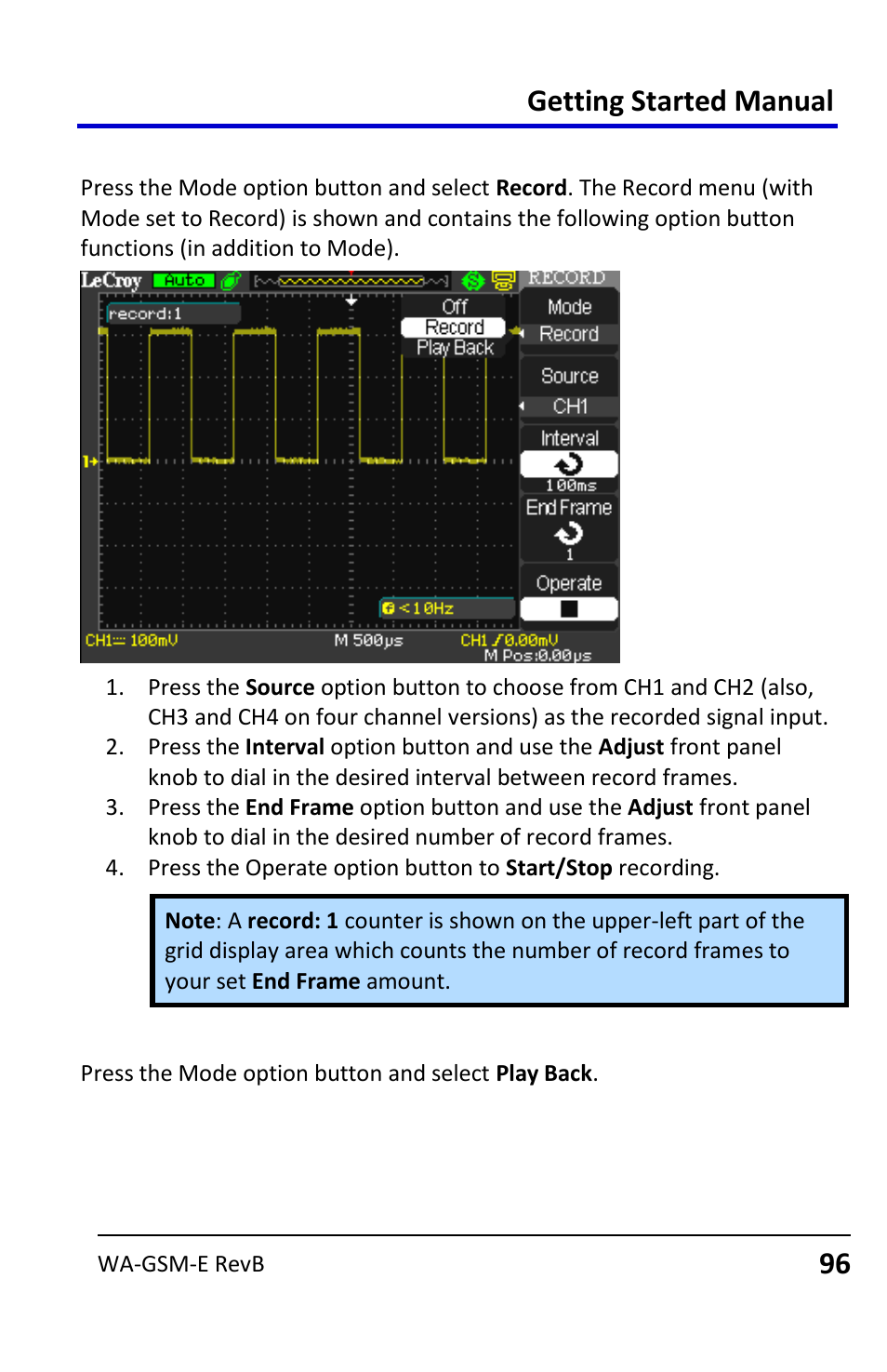 The record menu (with mode set to record), Getting started manual | Teledyne LeCroy WaveAce User Manual | Page 96 / 106