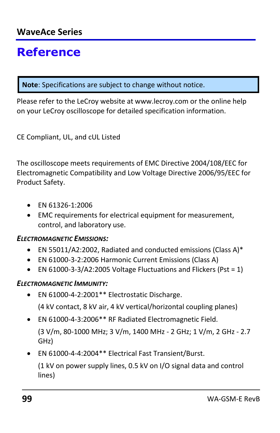 Reference, Waveace specifications, Certifications | Ce declaration of conformity, Emc directive, Waveace series | Teledyne LeCroy WaveAce User Manual | Page 99 / 106